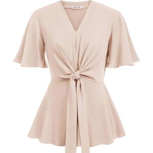 image:imageGRACE KARIN 2026 Womens Elegant V Neck Peplum Tops Tie Front Short Bell Sleeve Shirts Tops BlouseLight Khaki