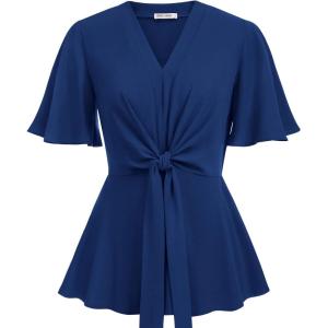image:imageGRACE KARIN 2026 Womens Elegant V Neck Peplum Tops Tie Front Short Bell Sleeve Shirts Tops BlouseNavy Blue