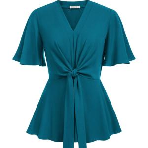 image:imageGRACE KARIN 2026 Womens Elegant V Neck Peplum Tops Tie Front Short Bell Sleeve Shirts Tops BlousePeacock Blue