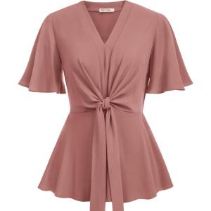 image:imageGRACE KARIN 2026 Womens Elegant V Neck Peplum Tops Tie Front Short Bell Sleeve Shirts Tops BlousePink