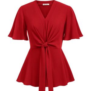 image:imageGRACE KARIN 2026 Womens Elegant V Neck Peplum Tops Tie Front Short Bell Sleeve Shirts Tops BlouseRed