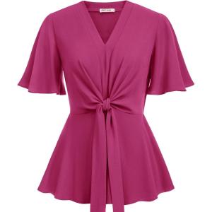 image:imageGRACE KARIN 2026 Womens Elegant V Neck Peplum Tops Tie Front Short Bell Sleeve Shirts Tops BlouseRose Red