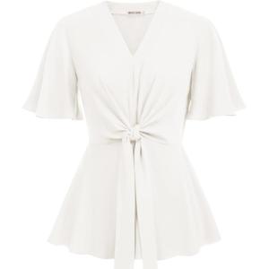 image:imageGRACE KARIN 2026 Womens Elegant V Neck Peplum Tops Tie Front Short Bell Sleeve Shirts Tops BlouseWhite