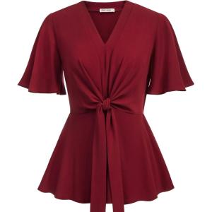 image:imageGRACE KARIN 2026 Womens Elegant V Neck Peplum Tops Tie Front Short Bell Sleeve Shirts Tops BlouseWine Red