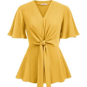 image:imageGRACE KARIN 2026 Womens Elegant V Neck Peplum Tops Tie Front Short Bell Sleeve Shirts Tops BlouseYellow