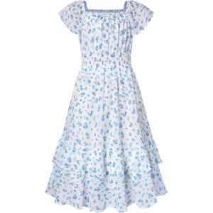 image:imageGRACE KARIN Girls Floral Summer Dress Flutter Sleeve Square Neck Midi Casual Dress for Girl 614YBlue White