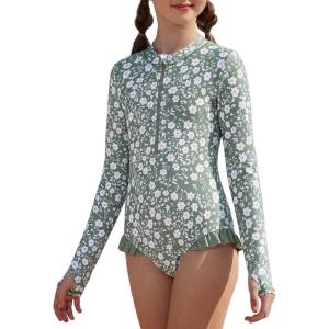 image:imageGRACE KARIN Girls One Piece Swimsuits Long Sleeve Bathing Suits Swimwear 514YGray Green Daisy
