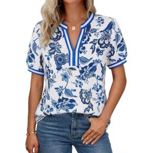 image:imageGRACE KARIN Women Boho Floral Tops 2026 Summer V Neck Puff Short Sleeve Dressy Casual ShirtsBlue and White Porcelain