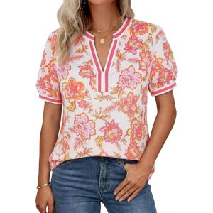 image:imageGRACE KARIN Women Boho Floral Tops 2026 Summer V Neck Puff Short Sleeve Dressy Casual ShirtsPink Flower