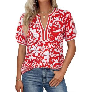 image:imageGRACE KARIN Women Boho Floral Tops 2026 Summer V Neck Puff Short Sleeve Dressy Casual ShirtsRed Flower
