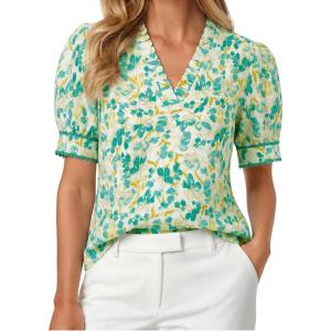 image:imageGRACE KARIN Women Boho Floral Tops Summer Puff Short Sleeve Dressy Casual Shirts 2026 Spring V Neck Vacation Work BlouseGreen White
