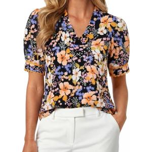 image:imageGRACE KARIN Women Boho Floral Tops Summer Puff Short Sleeve Dressy Casual Shirts 2026 Spring V Neck Vacation Work BlouseOrange Black