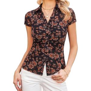 image:imageGRACE KARIN Women Mesh Boho Tops Dressy Casual Floral Short Sleeve Button Down Collared Blouses 2026 Fashion Summer ClothesBlack Floral