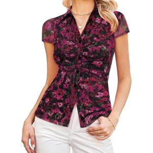 image:imageGRACE KARIN Women Mesh Boho Tops Dressy Casual Floral Short Sleeve Button Down Collared Blouses 2026 Fashion Summer ClothesBlack Red