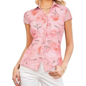 image:imageGRACE KARIN Women Mesh Boho Tops Dressy Casual Floral Short Sleeve Button Down Collared Blouses 2026 Fashion Summer ClothesPink