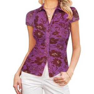 image:imageGRACE KARIN Women Mesh Boho Tops Dressy Casual Floral Short Sleeve Button Down Collared Blouses 2026 Fashion Summer ClothesPurple Floral