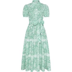 image:imageGRACE KARIN Womens 2026 Summer Floral Flowy Dresses Boho Tie Belt Short Puff Sleeve A Line Maxi Shirt Dress with PocketGreen White