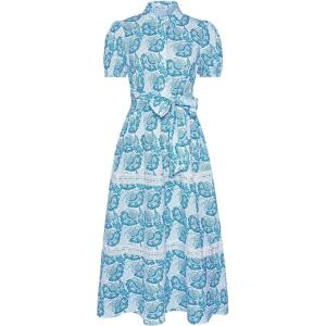 image:imageGRACE KARIN Womens 2026 Summer Floral Flowy Dresses Boho Tie Belt Short Puff Sleeve A Line Maxi Shirt Dress with PocketWhite Blue