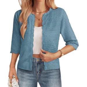 image:imageGRACE KARIN Womens 34 Sleeve Cardigan Sweater Lightweight Cropped Cardigan Trendy Dressy Casual Crochet Bolero ShrugsLight Blue