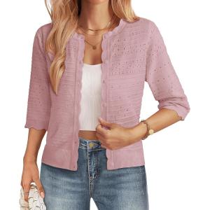 image:imageGRACE KARIN Womens 34 Sleeve Cardigan Sweater Lightweight Cropped Cardigan Trendy Dressy Casual Crochet Bolero ShrugsPeach Gray Pink
