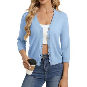 image:imageGRACE KARIN Womens 34 Sleeve V Neck Button Down Lightweight Cardigan Sweater Open Front Dressy Shrugs Spring FashionLight Blue
