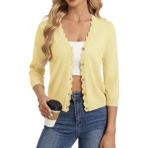image:imageGRACE KARIN Womens 34 Sleeve V Neck Button Down Lightweight Cardigan Sweater Open Front Dressy Shrugs Spring FashionLight Yellow