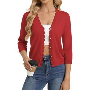 image:imageGRACE KARIN Womens 34 Sleeve V Neck Button Down Lightweight Cardigan Sweater Open Front Dressy Shrugs Spring FashionRed