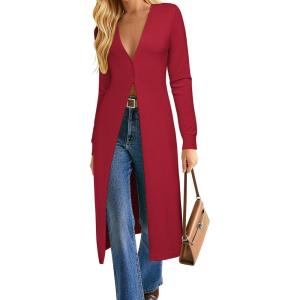 image:imageGRACE KARIN Womens Long Cardigan Trendy Lightweight Knit Dusters Coat V Neck Button Up Sweater Maxi DressRed