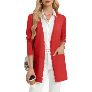 image:imageGRACE KARIN Womens Long Cardigans Trendy Lightweight Knit Blazer Casual Open Front Spring Sweaters with PocketsRed