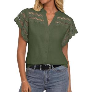 image:imageGRACE KARIN Womens Summer Tops Cotton Linen Eyelet Flowy Blouses Beach Vacation V Neck Button Down Shirts Trendy Clothes 2026Army Green