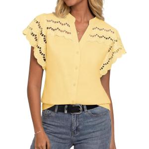 image:imageGRACE KARIN Womens Summer Tops Cotton Linen Eyelet Flowy Blouses Beach Vacation V Neck Button Down Shirts Trendy Clothes 2026Butter Yellow