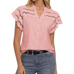 image:imageGRACE KARIN Womens Summer Tops Cotton Linen Eyelet Flowy Blouses Beach Vacation V Neck Button Down Shirts Trendy Clothes 2026Light Pink