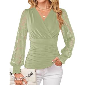 image:imageGRACE KARIN Womens Tops Dressy Casual Elegant Lace Sleeve Shirts Wrap Ruched Blouses 2026 Spring Fashion OutfitsBean Green