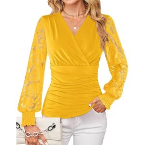 image:imageGRACE KARIN Womens Tops Dressy Casual Elegant Lace Sleeve Shirts Wrap Ruched Blouses 2026 Spring Fashion OutfitsYellow