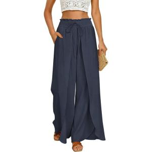 image:imageGRACE KARIN Womens Wide Leg Summer Pants Flowy Side Split Palazzo Beach Pants Boho Drawstring High Waisted TrousersNavy Blue