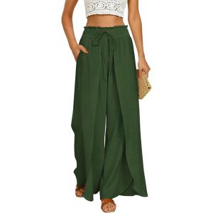 image:imageGRACE KARIN Womens Wide Leg Summer Pants Flowy Side Split Palazzo Beach Pants Boho Drawstring High Waisted TrousersOlive Green