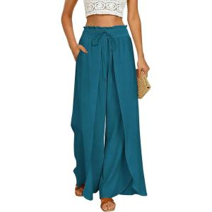 image:imageGRACE KARIN Womens Wide Leg Summer Pants Flowy Side Split Palazzo Beach Pants Boho Drawstring High Waisted TrousersPeacock Blue