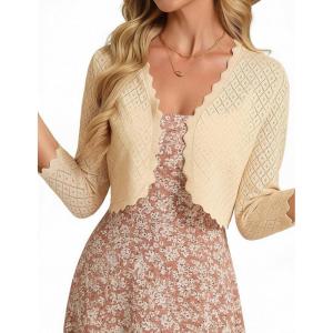 image:imageGRACE KARIN Womens 2026 Bolero Shrug 34 Sleeve Crochet Cropped Cardigan Open Front Knit Shrugs for DressesBeige