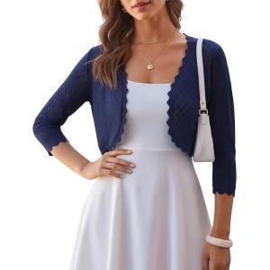 image:imageGRACE KARIN Womens 2026 Bolero Shrug 34 Sleeve Crochet Cropped Cardigan Open Front Knit Shrugs for DressesNavy Blue
