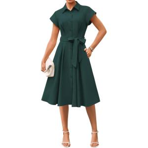 image:imageGRACE KARIN Womens Short Sleeve Shirt Dresses 2026 Summer Midi Button Down Dress Work Business Casual Dress with PocketsDark Green