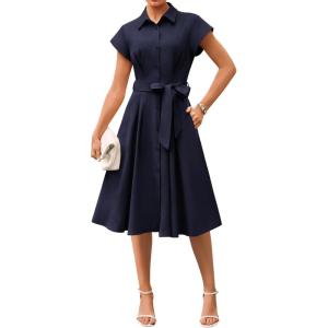 image:imageGRACE KARIN Womens Short Sleeve Shirt Dresses 2026 Summer Midi Button Down Dress Work Business Casual Dress with PocketsNavy Bue