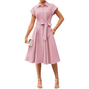 image:imageGRACE KARIN Womens Short Sleeve Shirt Dresses 2026 Summer Midi Button Down Dress Work Business Casual Dress with PocketsPink