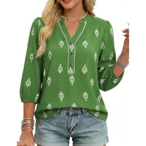 image:imageGRACE KARIN Boho Tops for Women Summer Dressy Casual Floral Blouses V Neck Button Up 34 Sleeve Shirts for VacationDark Green