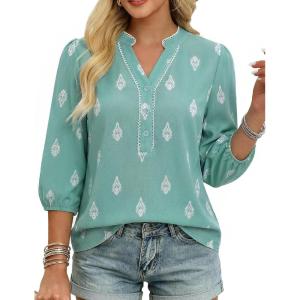 image:imageGRACE KARIN Boho Tops for Women Summer Dressy Casual Floral Blouses V Neck Button Up 34 Sleeve Shirts for VacationLight Green