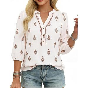 image:imageGRACE KARIN Boho Tops for Women Summer Dressy Casual Floral Blouses V Neck Button Up 34 Sleeve Shirts for VacationWhite Brown