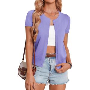 image:imageGRACE KARIN Short Sleeve Cardigan Summer Button up Sweaters for Women Lightweight Crew Neck Casual OutfitsLight Purple
