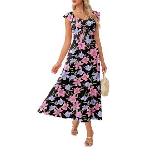 image:imageGRACE KARIN Summer Floral Maxi Dress for Women 2026 Flowy Wedding Guest Dresses Ruffle Sleeve Smocked Sundress with PocketBlack Red Purple