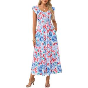 image:imageGRACE KARIN Summer Floral Maxi Dress for Women 2026 Flowy Wedding Guest Dresses Ruffle Sleeve Smocked Sundress with PocketBlue Red