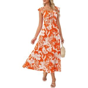 image:imageGRACE KARIN Summer Floral Maxi Dress for Women 2026 Flowy Wedding Guest Dresses Ruffle Sleeve Smocked Sundress with PocketWhite Orange