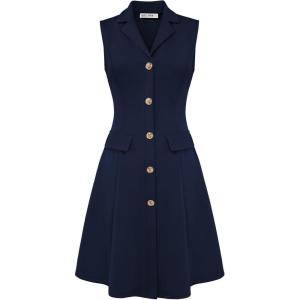 image:imageGRACE KARIN Work Dresses for Women 2026 Sleeveless Button Business Midi Dress Notch Lapel V Neck Formal Office A Line DressesNavy Blue